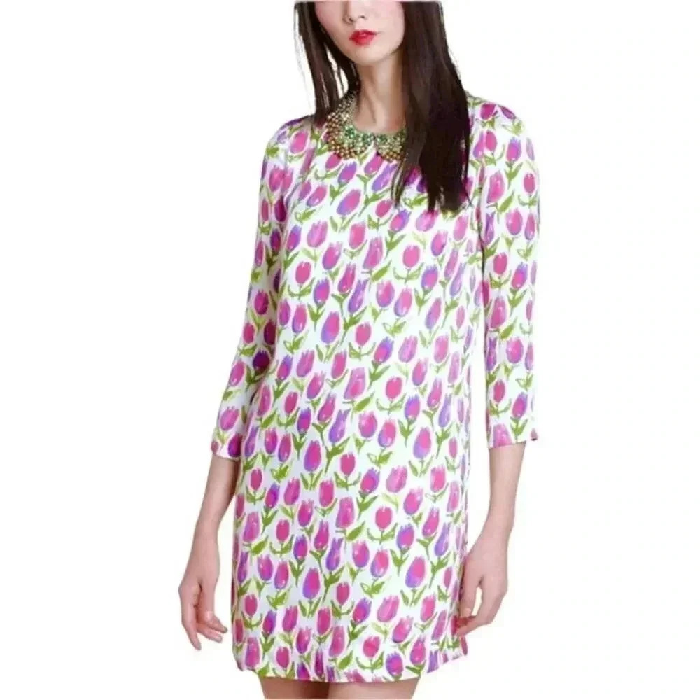 Anthropologie Leah Reena Gorem Floral Pink Tulip Mini Dress Size: 4